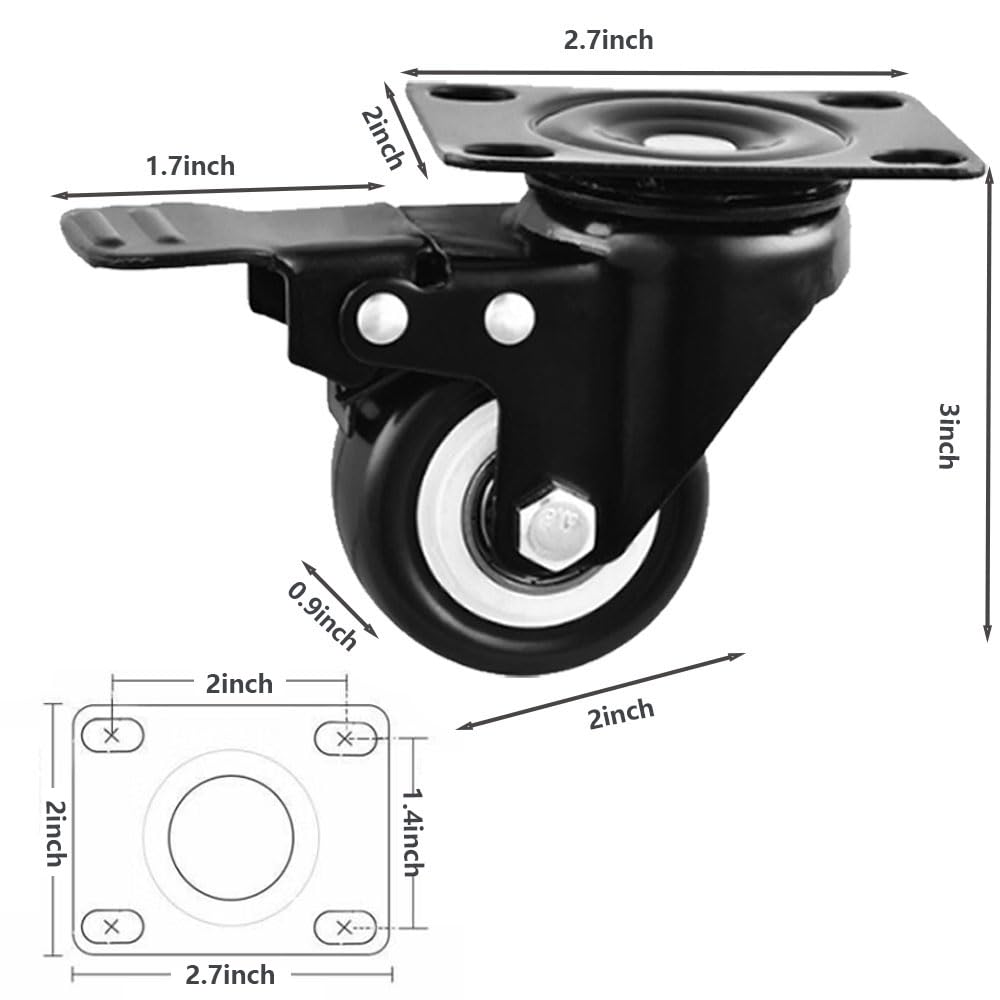 2" Caster Wheels,Swivel Casters with Brake, 2 inch Heavy Duty Casters, 360 Degree No Noise Polyurethane Wheels for Cart, Furniture, Workbench (Set of 4)