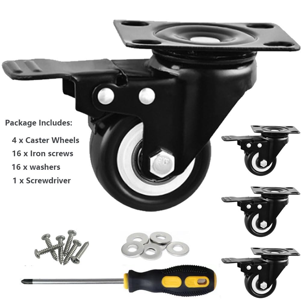 2" Caster Wheels,Swivel Casters with Brake, 2 inch Heavy Duty Casters, 360 Degree No Noise Polyurethane Wheels for Cart, Furniture, Workbench (Set of 4)