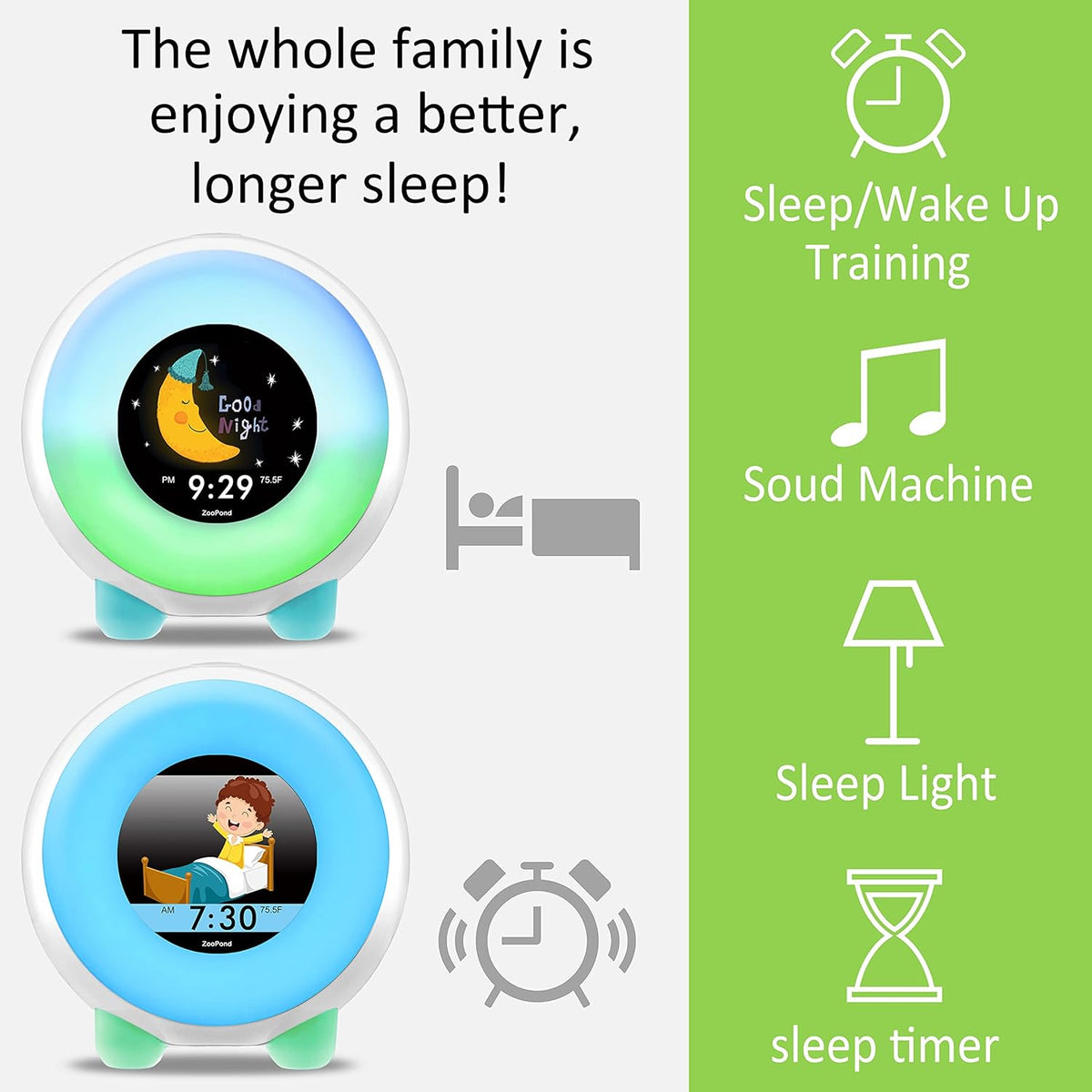 ZOOPOND - Full-Color Mobile Display Alarm Clock for Kids, Kids Alarm Clock, Kids Night Light, Ok to Wake Clock, Wake Up Light, Toddler Clock GRO Clock, Sound Machine Kids, 16 Cartoon Characters