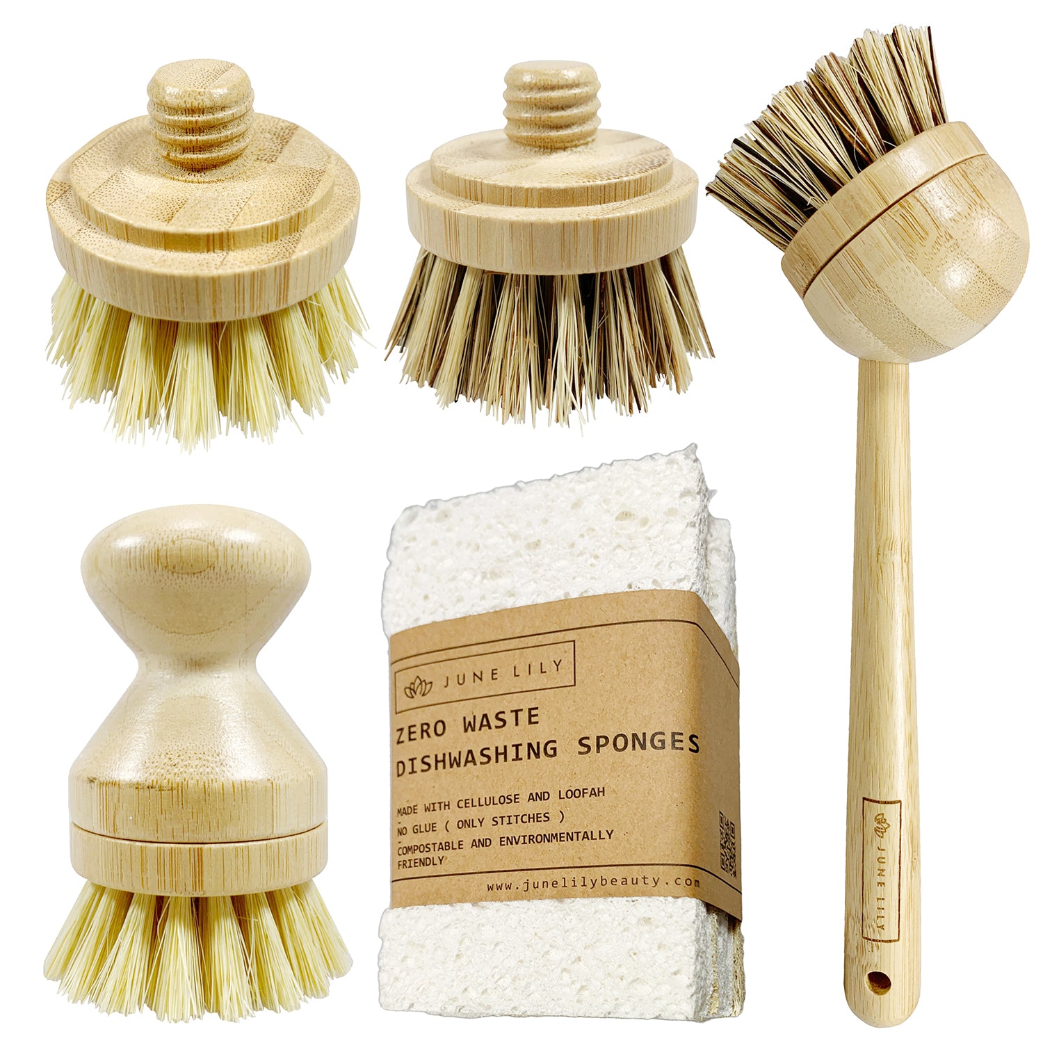 Zero Waste Kitchen Kit: Bamboo Pot Scrubber, Wood Dish Brush, Loofah Sponges, Plastic-Free Cellulose Sponges, Bamboo Brush Holder, Wood Soap Tray