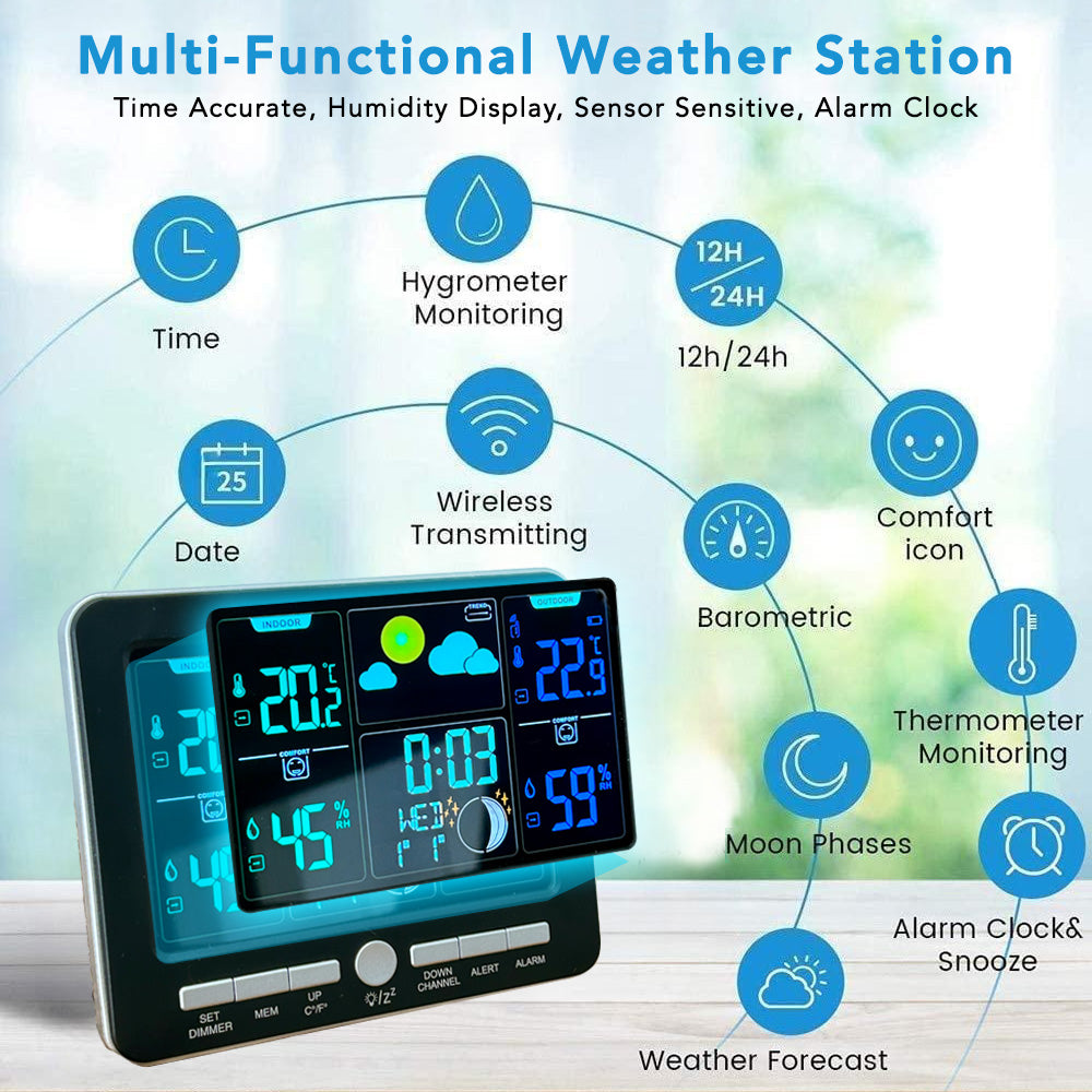 Smart Digital Clock Color LCD Barometric Hygrometer Weather Station Forecast Moon Phases for Home Decor Indoor Outdoor - Clock AN0814