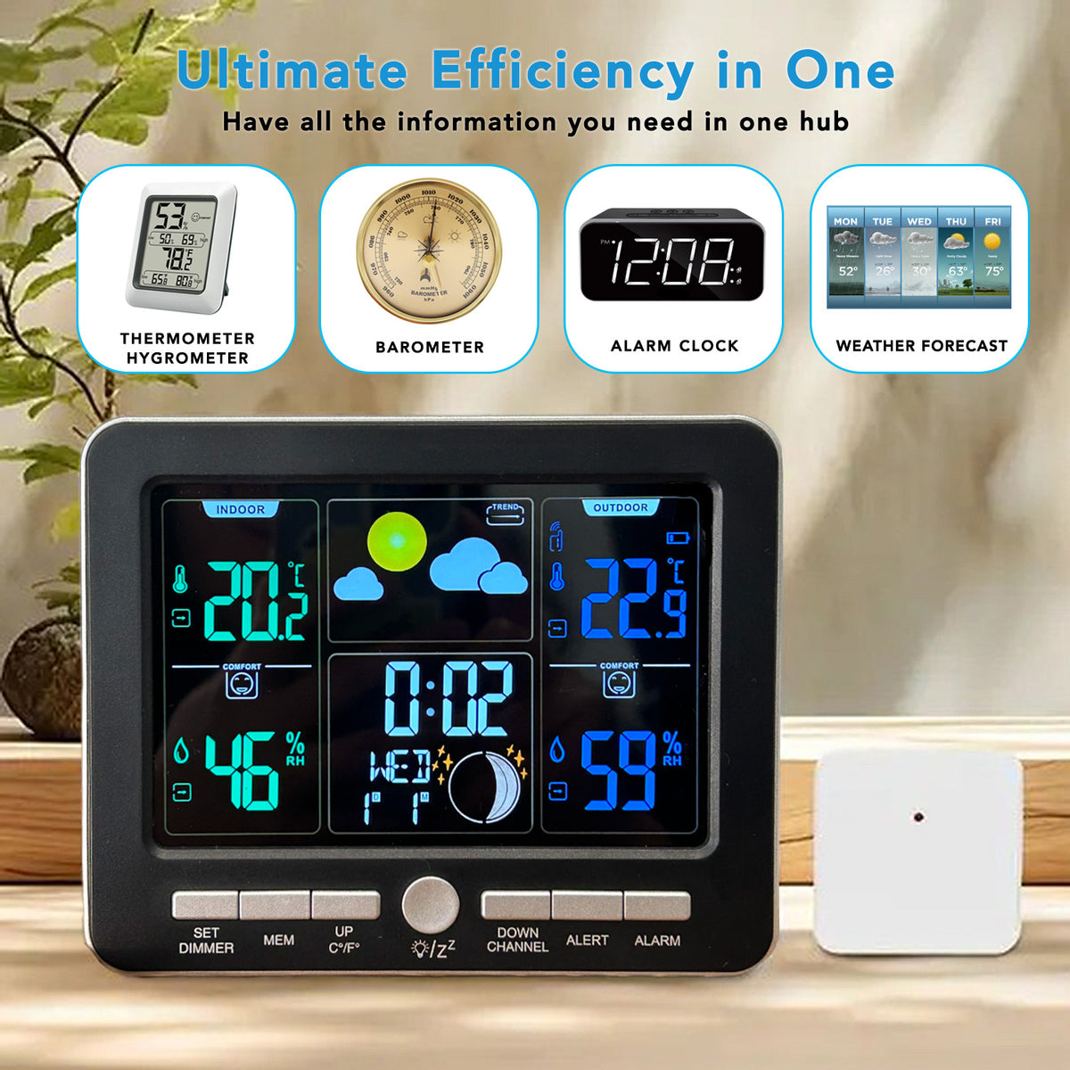 Smart Digital Clock Color LCD Barometric Hygrometer Weather Station Forecast Moon Phases for Home Decor Indoor Outdoor - Clock AN0814