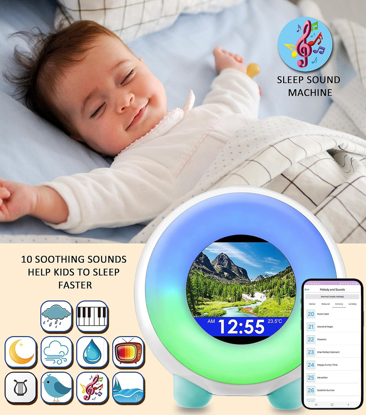 ZOOPOND - Full-Color Mobile Display Alarm Clock for Kids, Kids Alarm Clock, Kids Night Light, Ok to Wake Clock, Wake Up Light, Toddler Clock GRO Clock, Sound Machine Kids, 16 Cartoon Characters