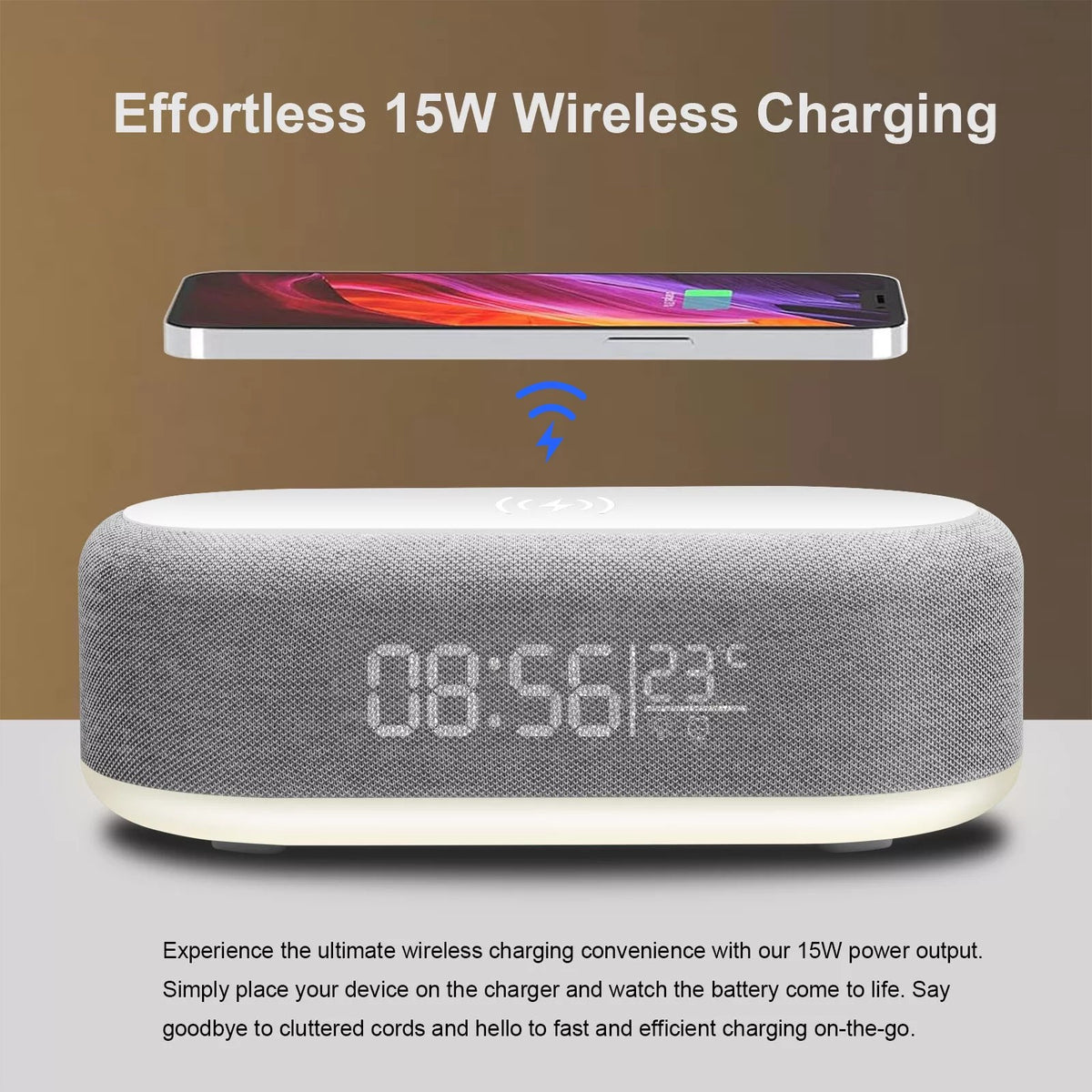 4 in 1 Multi-Function Alarm Clock Display Wireless Charging for Smartphones Bedside Light (White/Black)