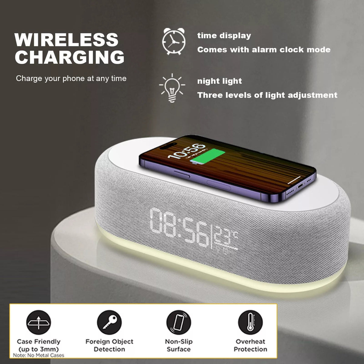 4 in 1 Multi-Function Alarm Clock Display Wireless Charging for Smartphones Bedside Light (White/Black)