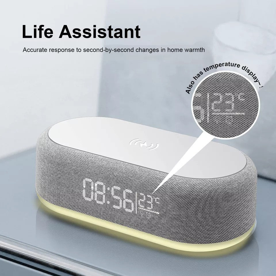 4 in 1 Multi-Function Alarm Clock Display Wireless Charging for Smartphones Bedside Light (White/Black)