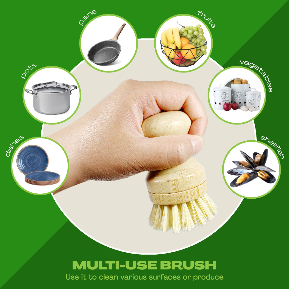 3 PCS Dish Brush Bamboo Dish Scrubber Kitchen Scrub Brush for Cleaning  Dishes, Pots, Pans, Sink and Vegetables 
